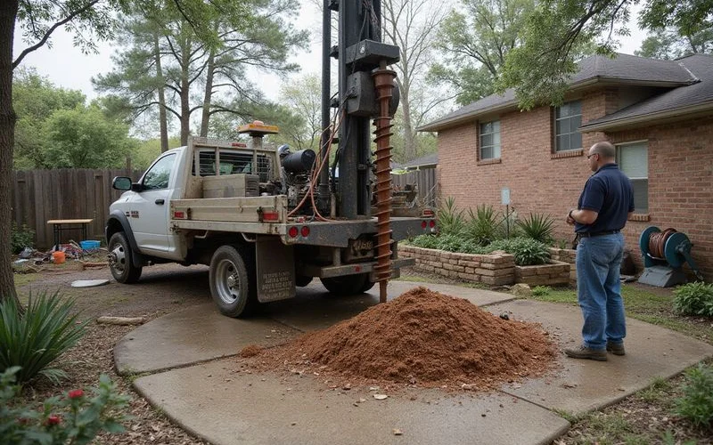 Auger rig drilling a pier shaft in a Houston side yard