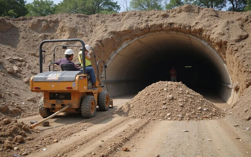 Backfill being compacted in layers within a completed tunnel
