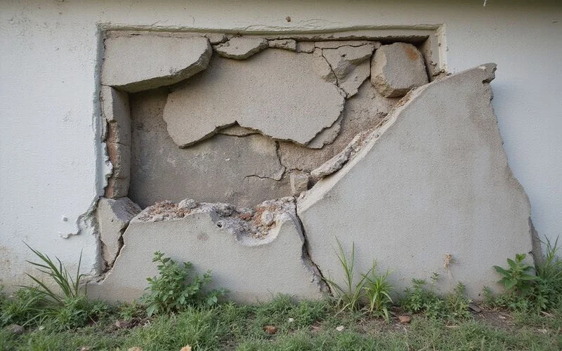 Badly broken concrete panel with exposed reinforcement that cannot be lifted