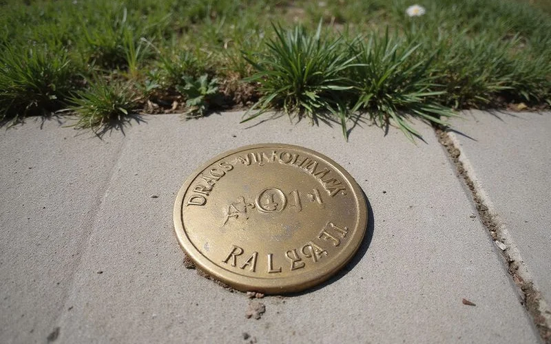 A benchmark survey marker set in concrete near a sidewalk