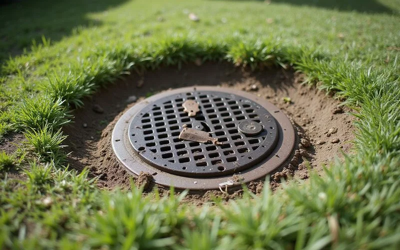 Catch basin set flush in a low point with solid outlet pipe
