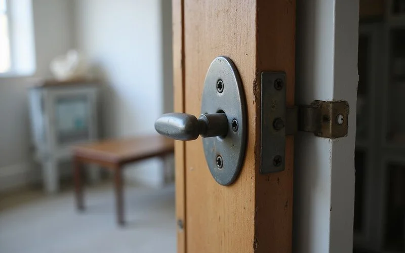 Close-up of a misaligned door latch and strike plate