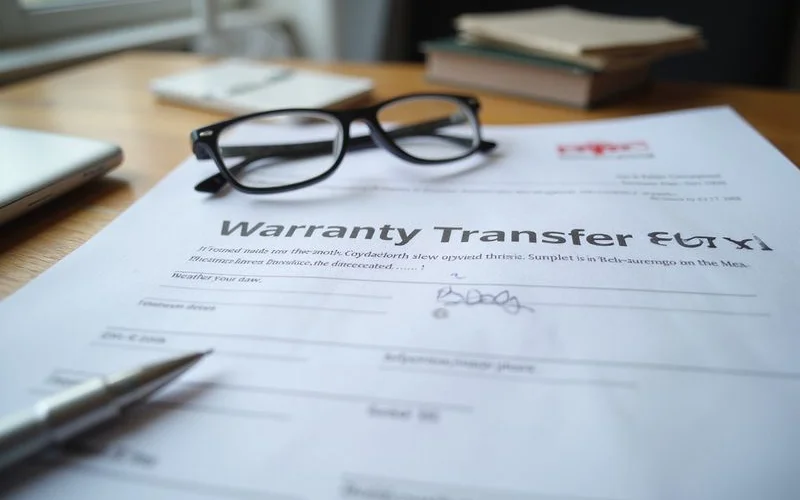 Close-up of a signed warranty transfer form on a desk