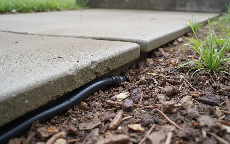 Close-up of soil moisture near a slab edge with a soaker hose