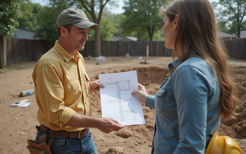 Contractor explaining a pier layout sketch to a homeowner