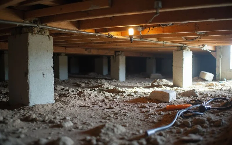 Crawl space under a raised Houston home showing beams and piers
