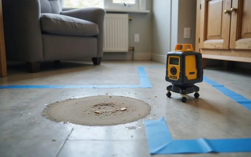 Damp patch marked on an interior floor while elevation readings are taken