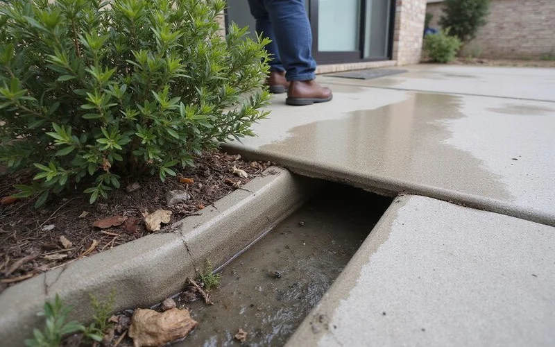 Downspout extension carrying water away from a slab edge