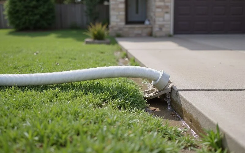 Downspout extension directing water away from a slab edge