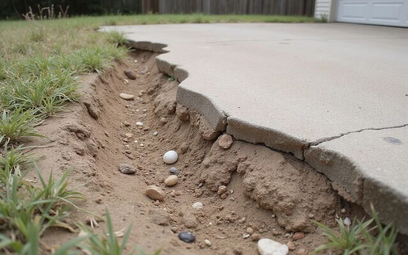 Dry cracked clay pulled away from a slab edge at the end of summer