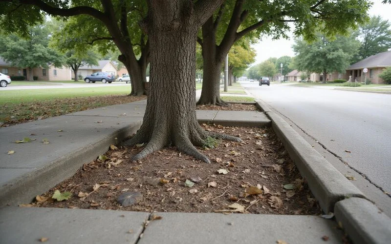 Dry shrunken soil beneath a tree canopy beside a slab edge