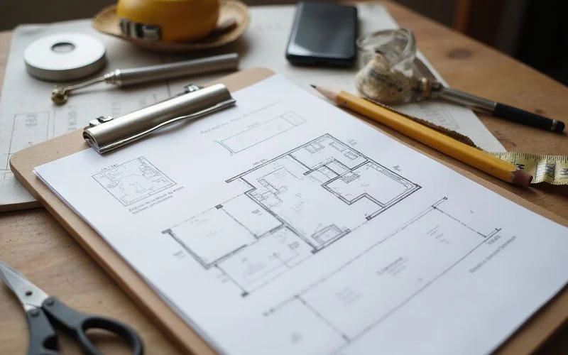 Elevation contour notes on a clipboard beside a room diagram