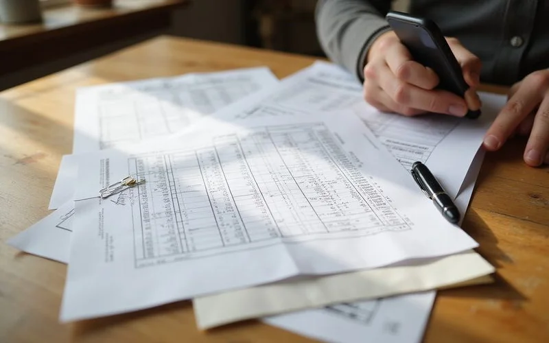 Folder of foundation repair documents organised on a table