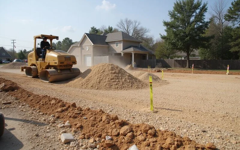 Graded fill being placed across a subdivision lot before a slab pour