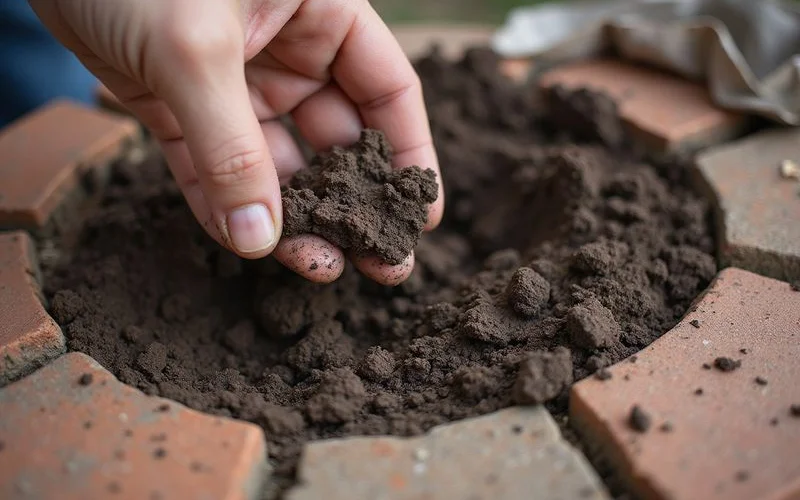 Hand holding a clump of dark Gulf Coast clay near a home foundation