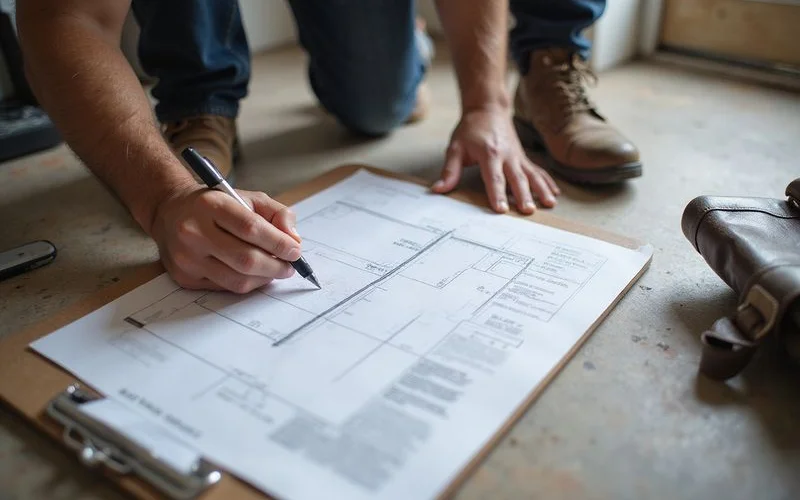 Homeowner and technician reviewing an elevation sketch while weighing options