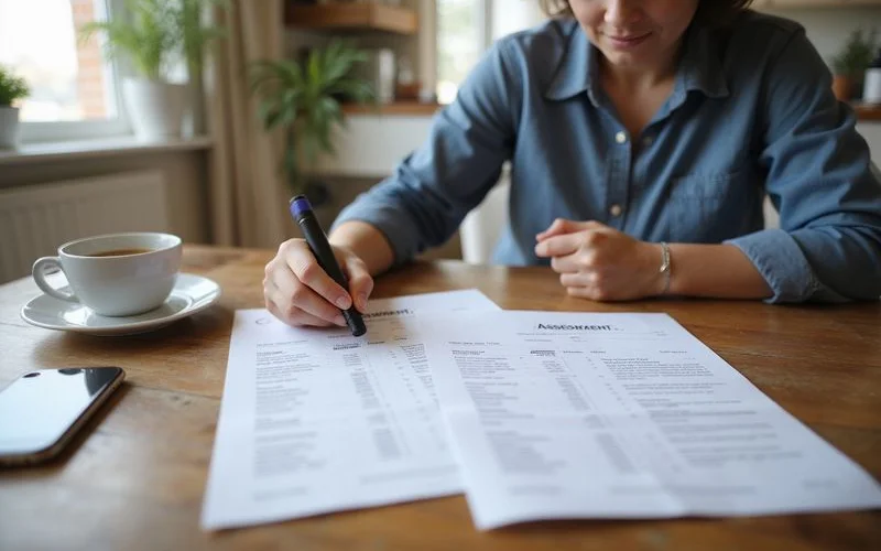 Homeowner comparing two assessment documents at a kitchen table