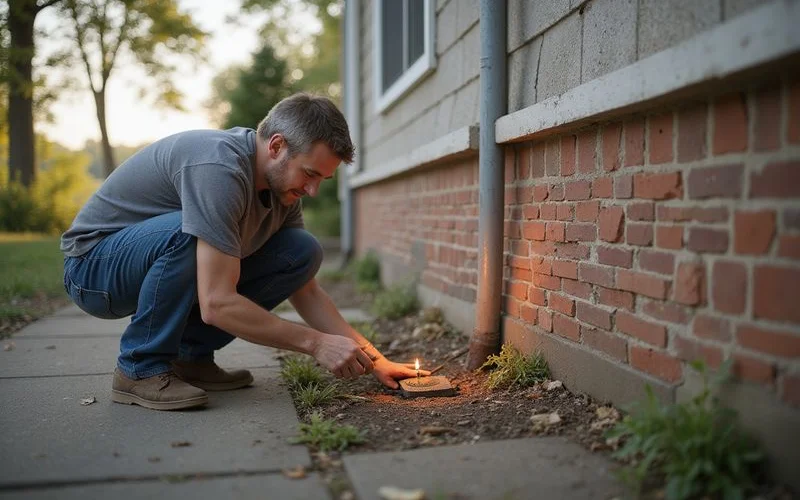 Homeowner examining the base of an exterior wall to identify the foundation type
