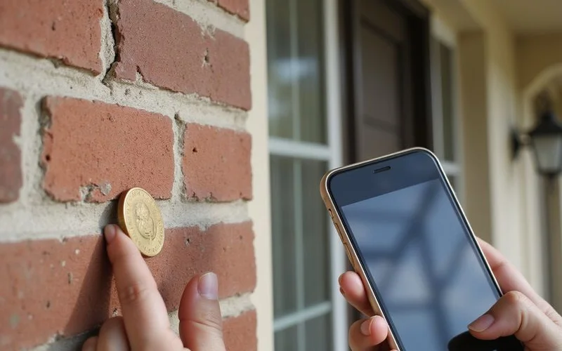 Homeowner measuring a mortar crack width with a coin for scale