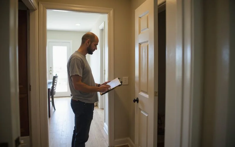 Homeowner noting which interior doors are binding on a clipboard