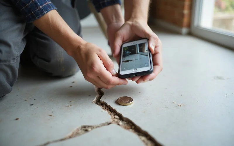 Homeowner photographing a floor crack with a coin for scale