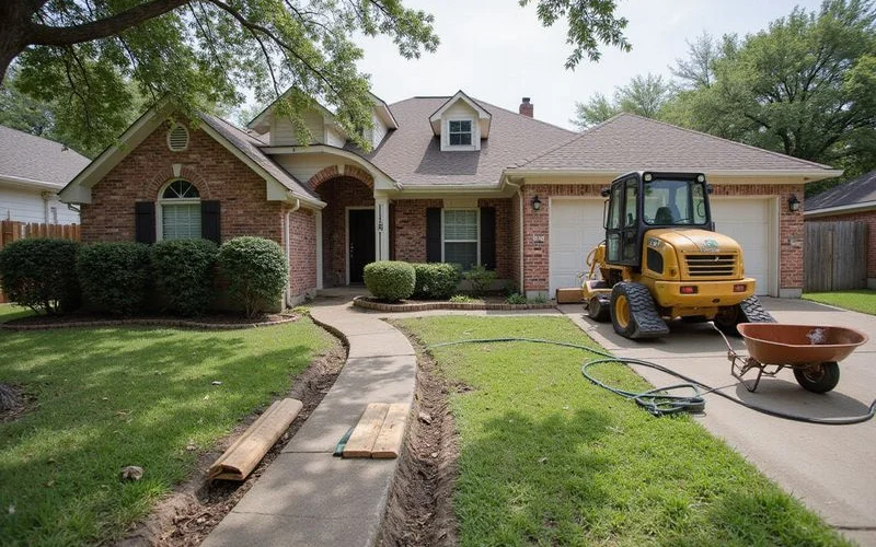 Houston brick home with a crew and equipment staged for underpinning