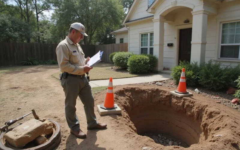 Inspector with a clipboard beside an excavation at a Houston home