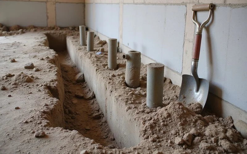 Installed piers along a slab edge before the lift stage