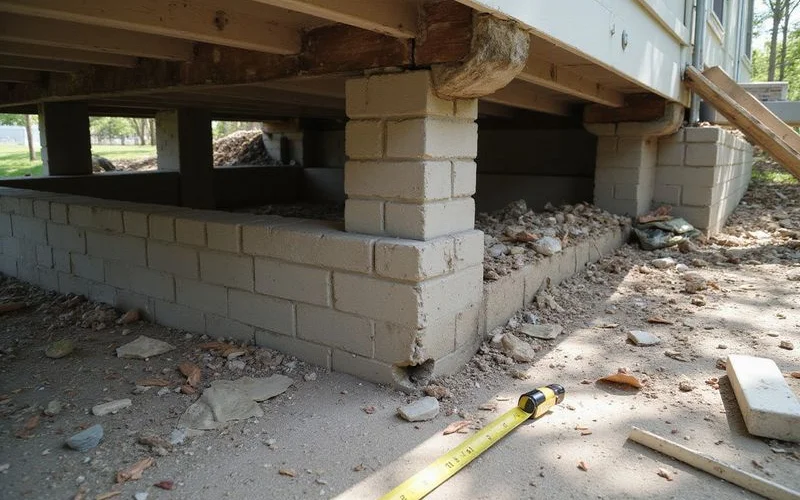 A masonry block pier visibly tilted with degraded mortar joints
