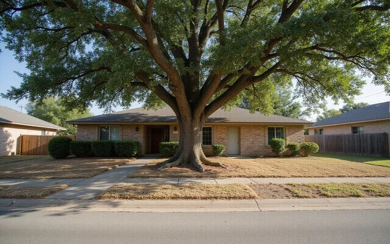 Mature live oak growing close to a Houston home with dry soil beneath
