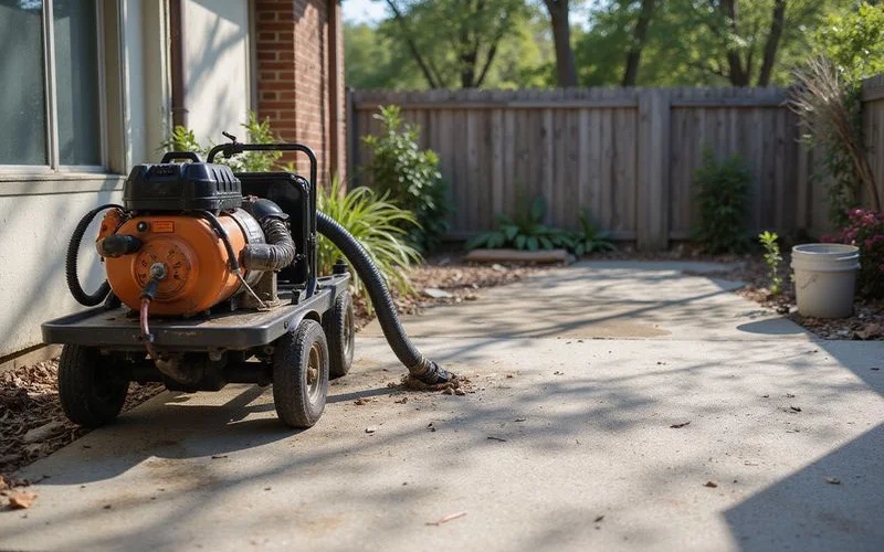 Mudjacking slurry pump beside a patio slab