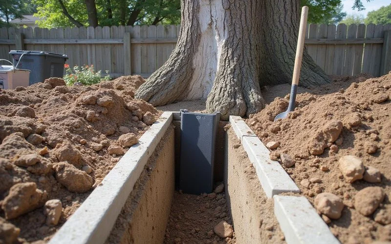 Trench with a vertical root barrier being installed between a tree and a foundation