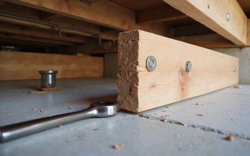 New lumber sistered and bolted to an existing floor joist