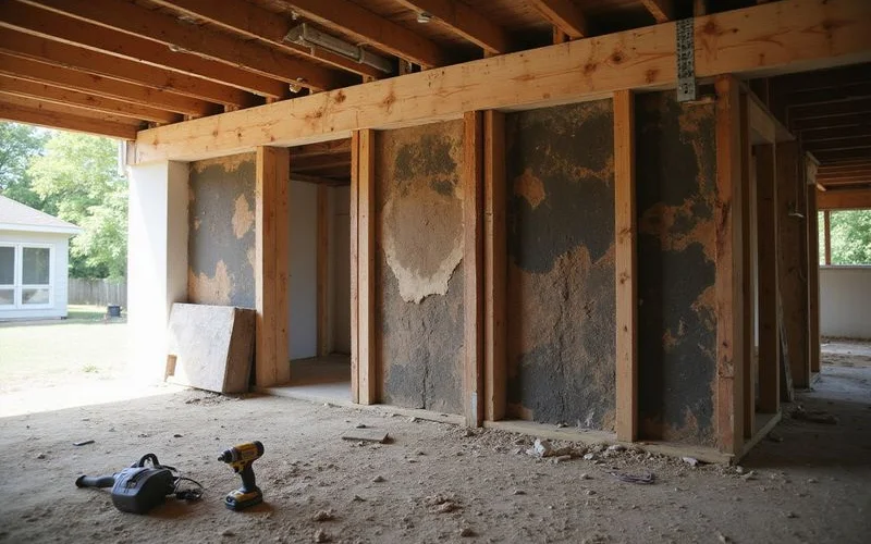 New sistered beam beside an old joist under a raised home