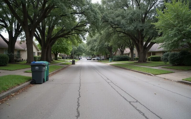 Older residential street with subtle ground undulation and mature oaks