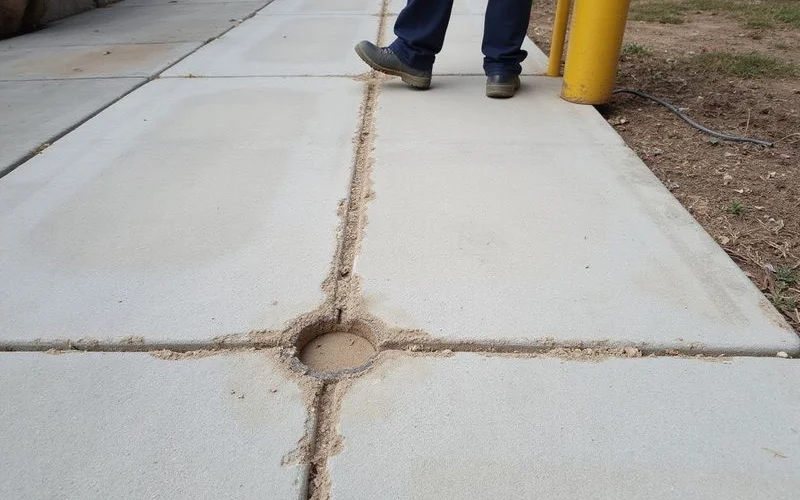 Patched injection holes across a levelled concrete walkway