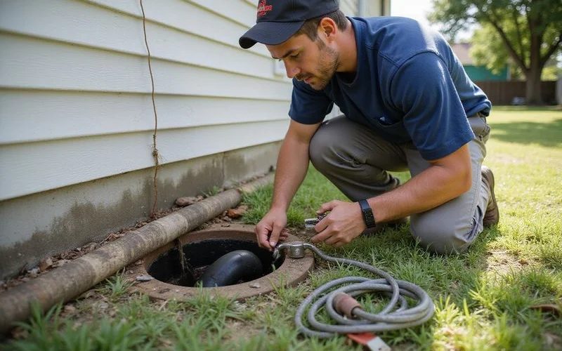Plumber setting up a hydrostatic test at a cleanout after a slab lift