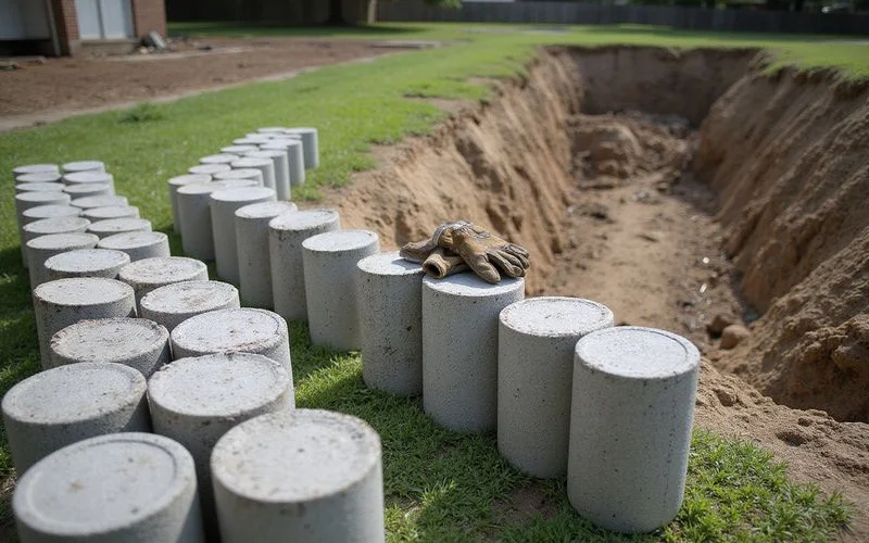 Pressed concrete piling cylinders stacked on site