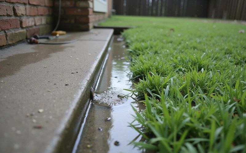 Poor drainage pooling near a slab edge after rain