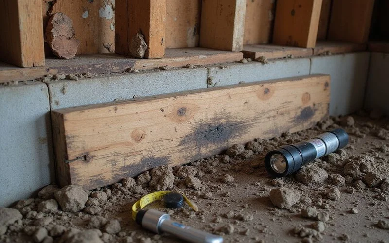 Rotted sill plate section on a masonry pier during crawl-space assessment