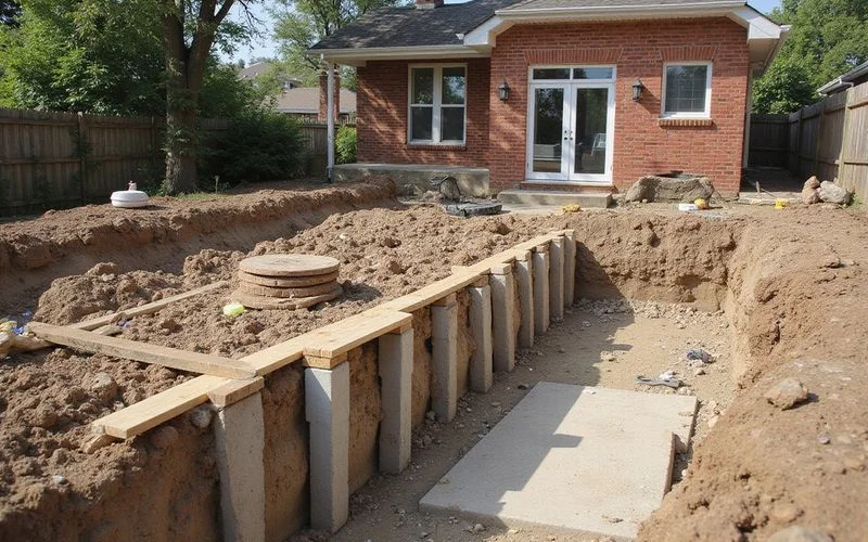 Installed piers along a slab edge with the house intact above