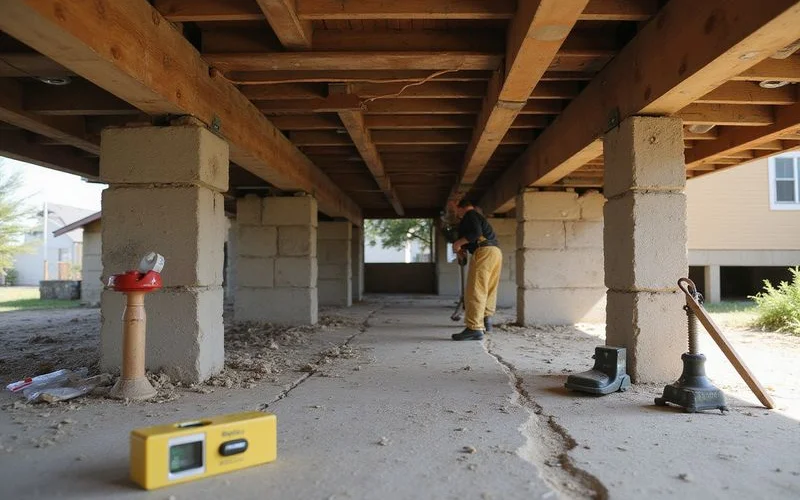 Screw jacks and cribbing staged beneath a beam line during the lift