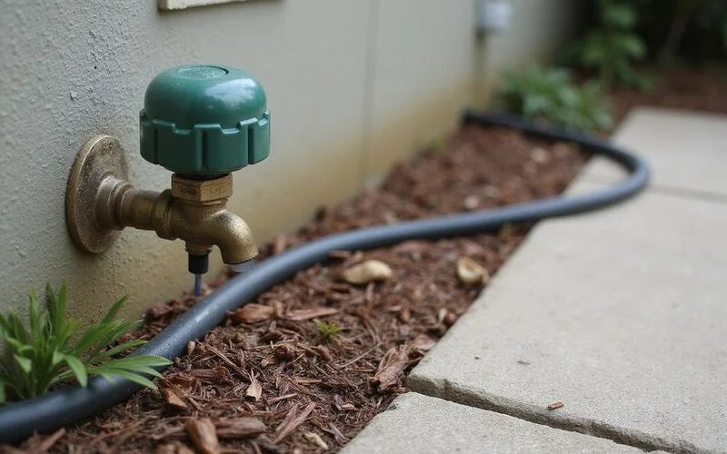 A hose timer attached to an outdoor tap with a soaker line running into a bed