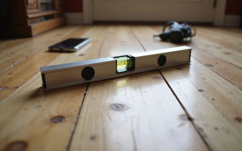 Level tool showing a slope on an interior floor