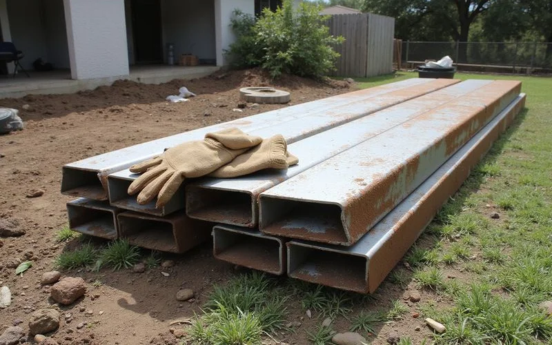 Stacked galvanised steel pier sections on site