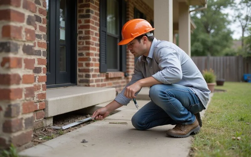 Technician checking perimeter grade and downspout discharge outside a home