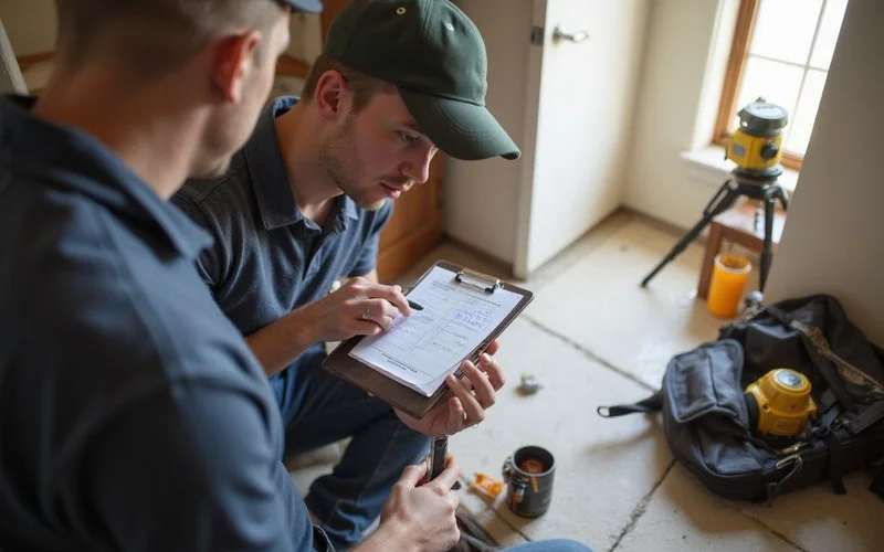 Technician recording relative elevation readings inside a Houston home