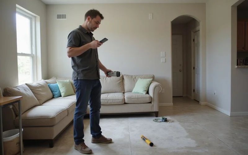 Technician recording relative floor elevation readings across a room