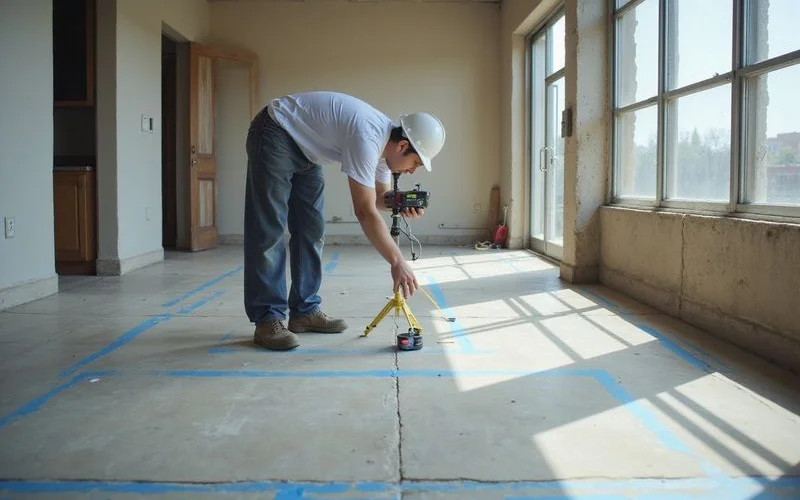 Elevation survey being run across a floor with a damp area marked