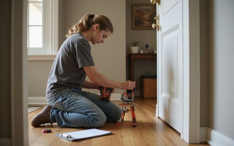 Technician taking a relative floor elevation reading inside a Houston home